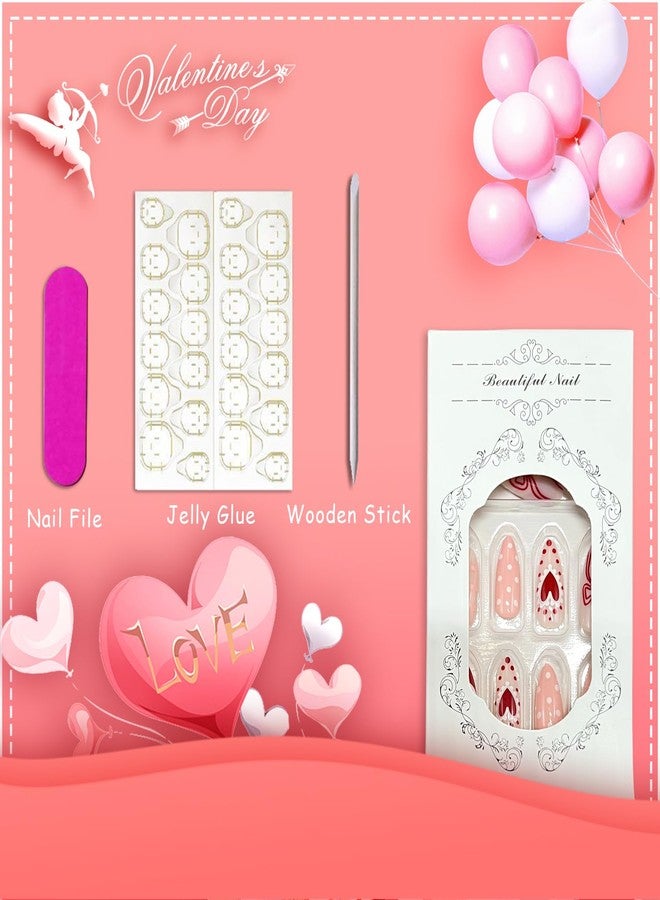 Vopintpy Romantic Valentines Press on Nails Red Bow Love Heart False Nails Pink Stripe Small Dot Design Glue on Nail Glitter Long Almond Valentines Stick on Nail for Women DIY Manicure - Image 5